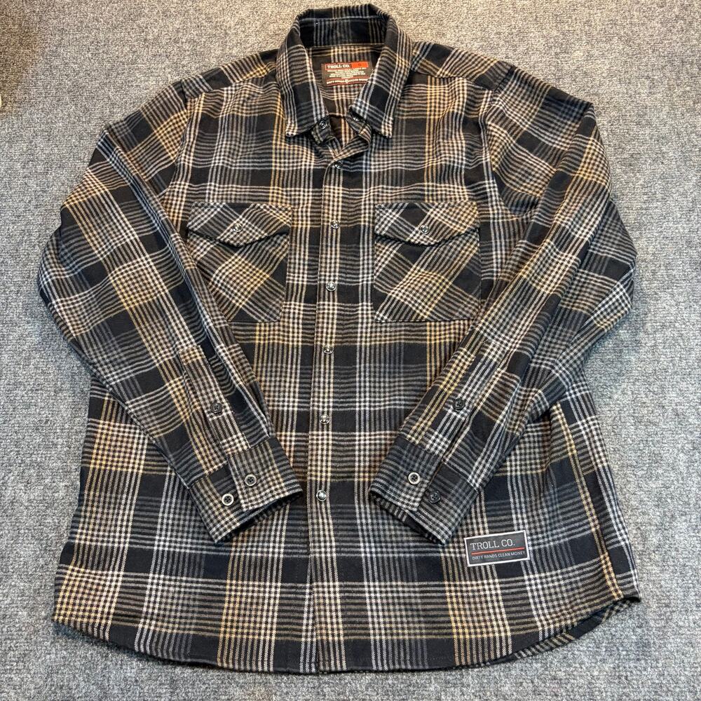 Troll Co Clothing Garibaldi Flannel Shirt Mens Small Black Tan Plaid Pearl Snap